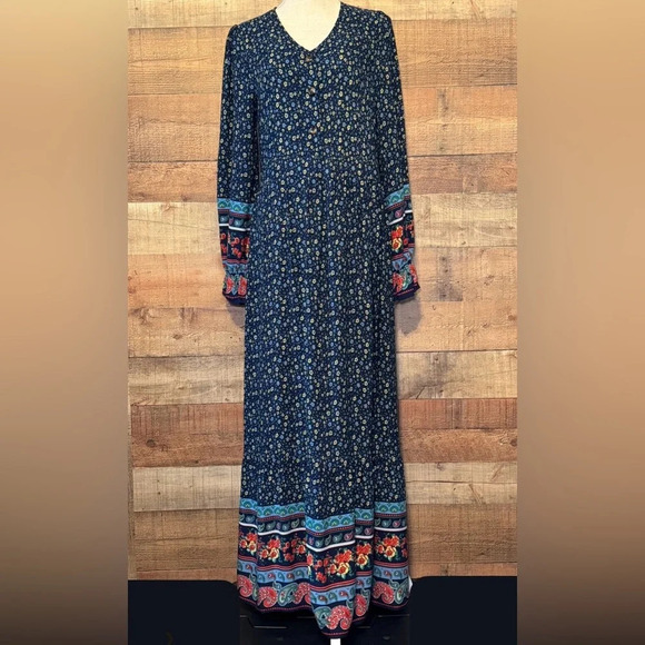 🌻 Bohemian V-Neck Womens size Small Flowy Navy Blue Floral Maxi Dress - Picture 1 of 10